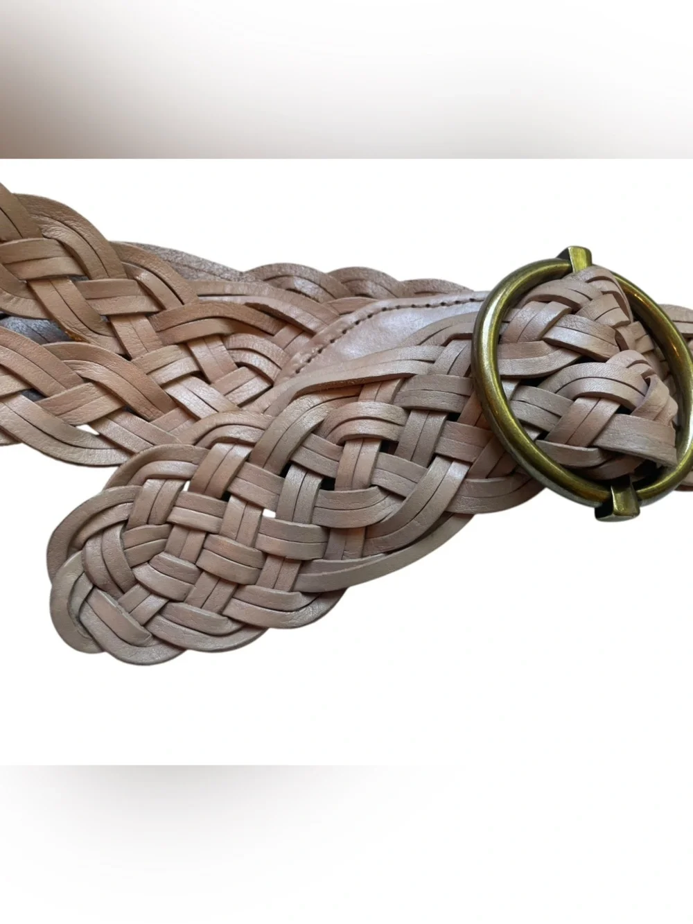 Talbots Taupe Wide Braided Leather Belt Womens S Brass Buckle 2.25